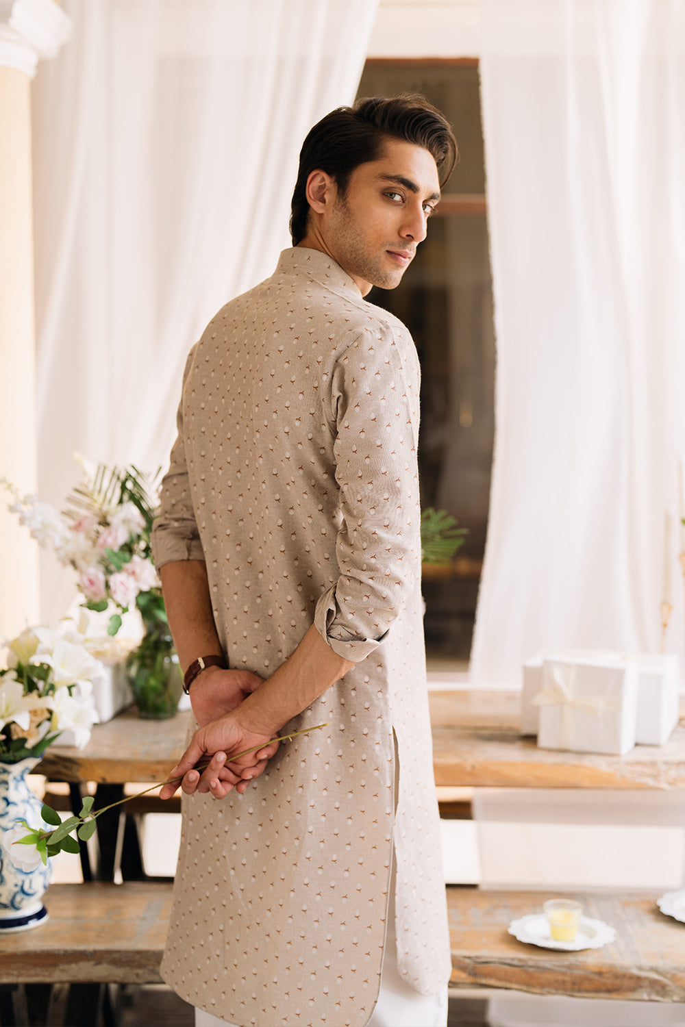 Sand Beige Printed Kurta with White Trouser