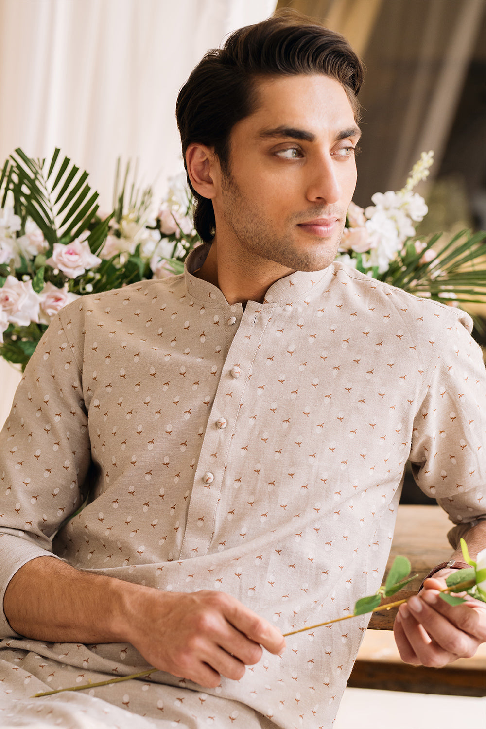 Sand Beige Printed Kurta with White Trouser