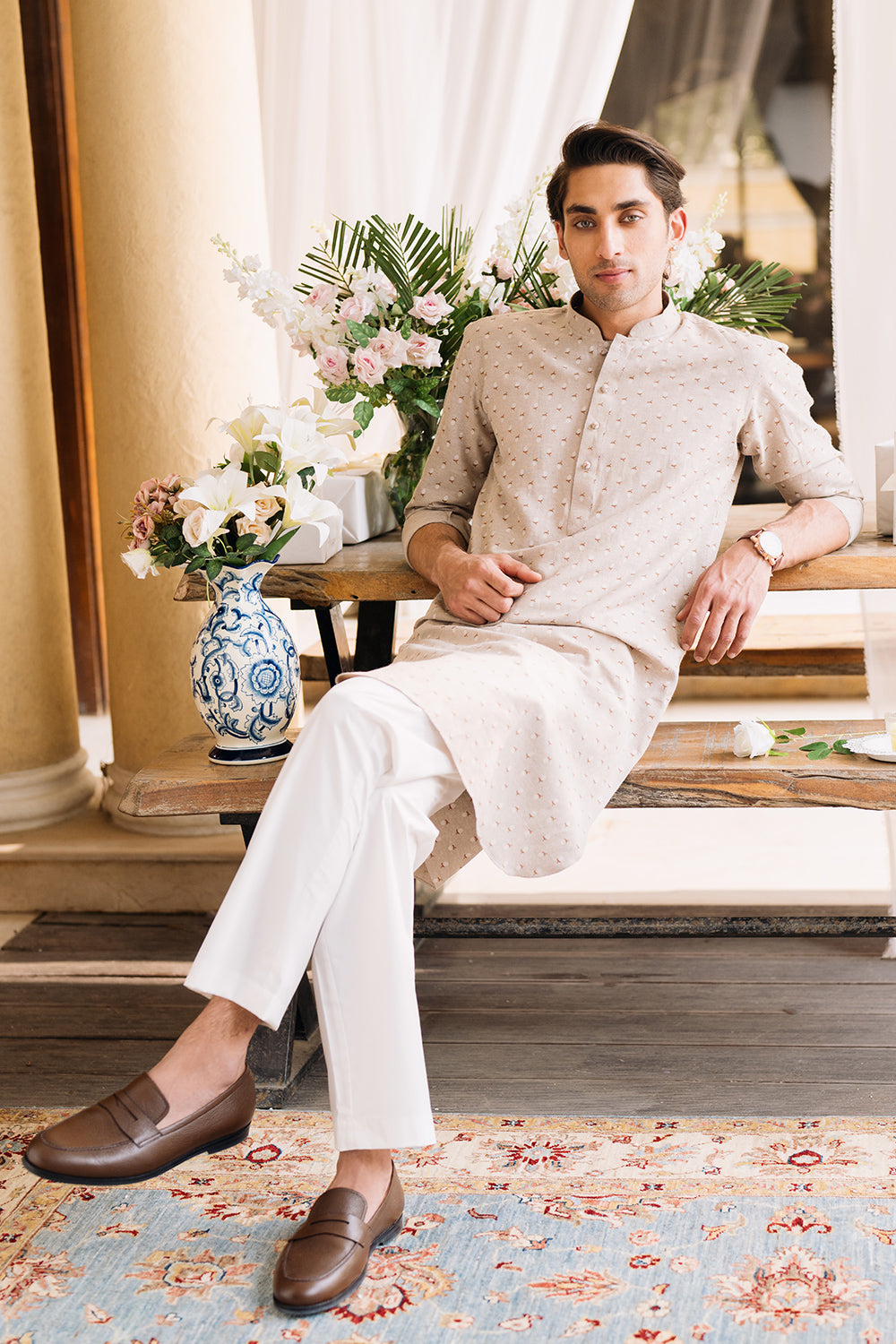 Sand Beige Printed Kurta with White Trouser