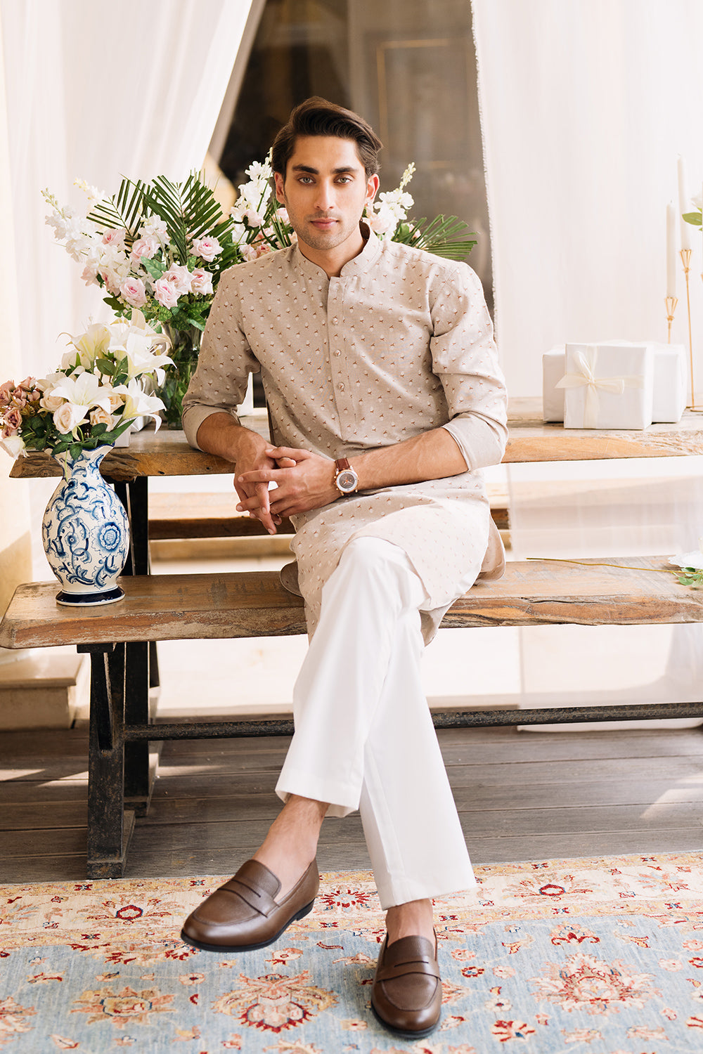 Sand Beige Printed Kurta with White Trouser