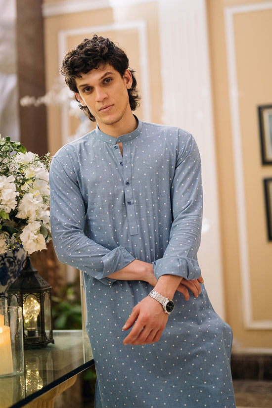 Denim Blue Printed Kurta with White Trouser