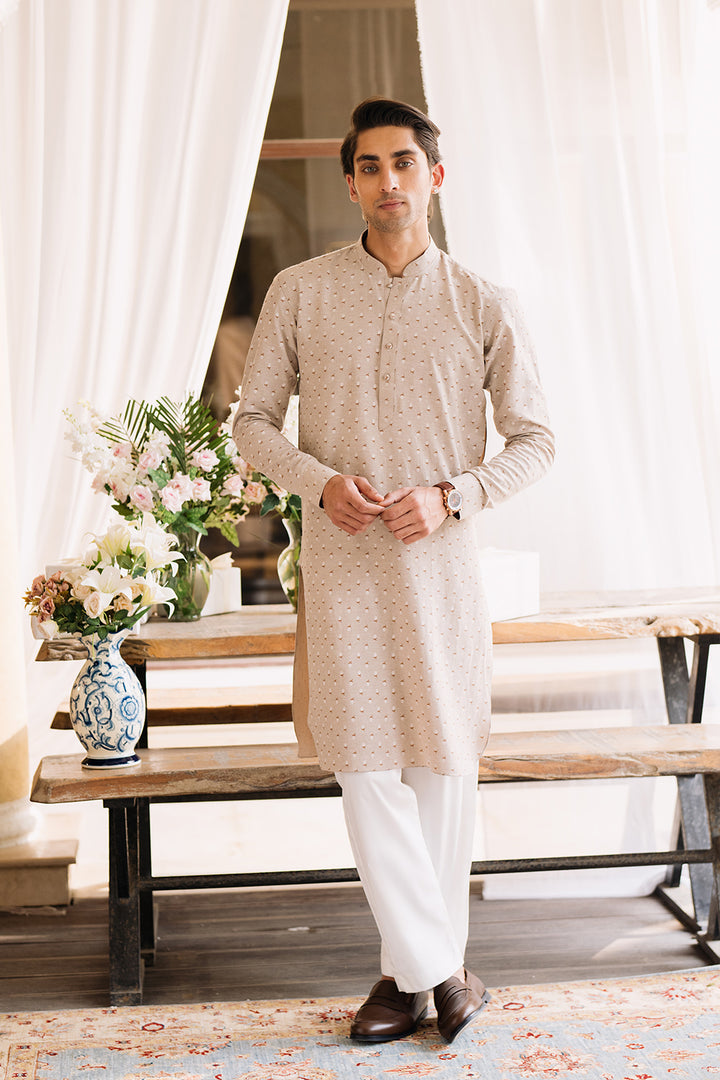 Sand Beige Printed Kurta with White Trouser