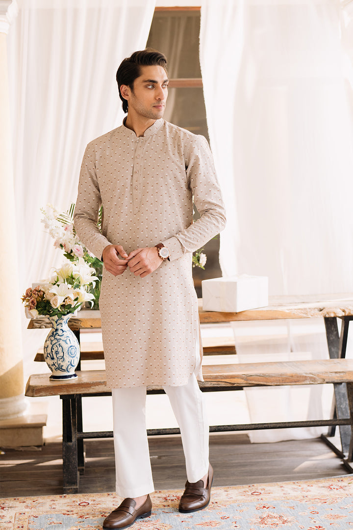 Sand Beige Printed Kurta with White Trouser
