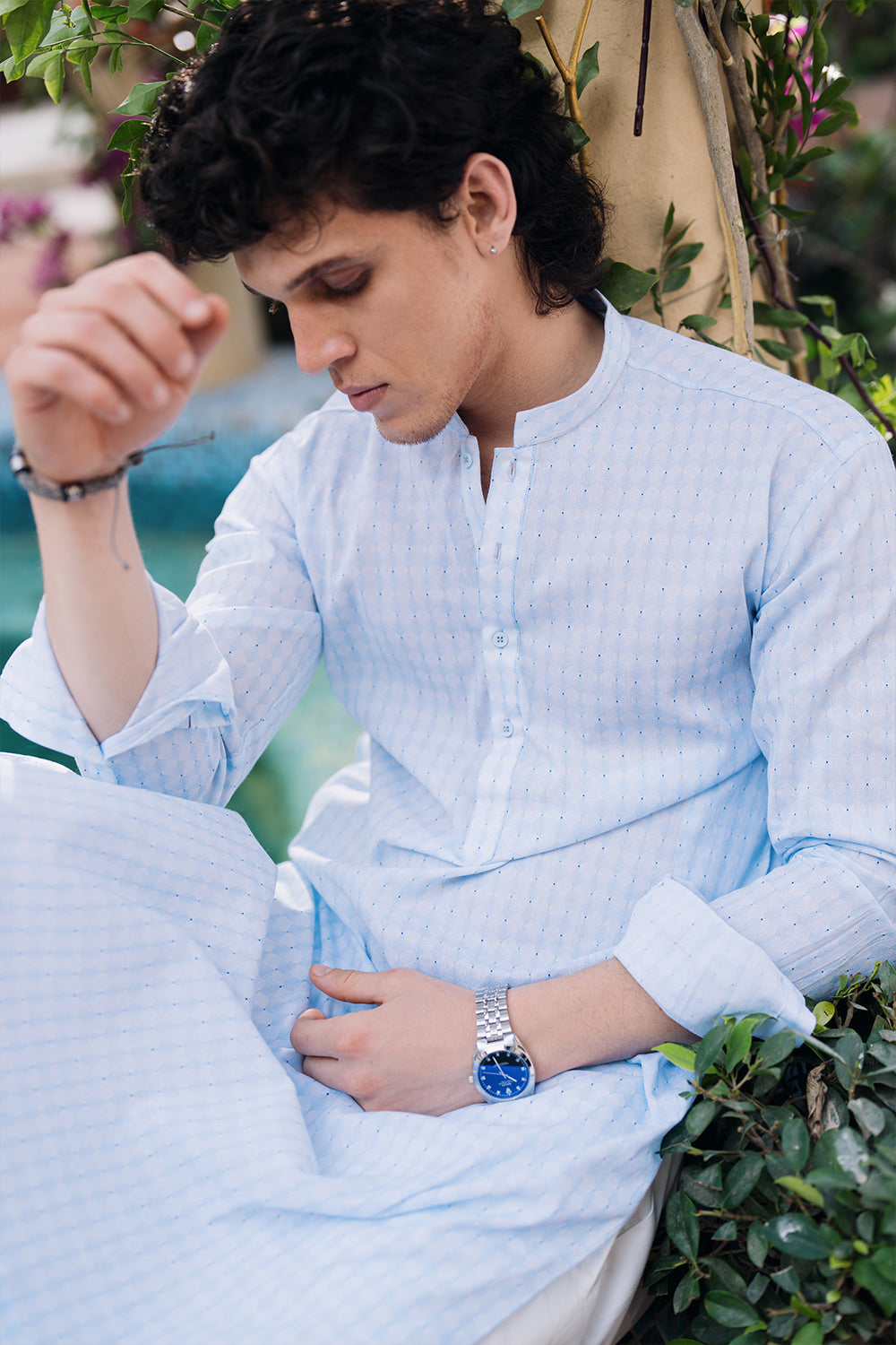 Cool Blue Printed Kurta with White Pajama