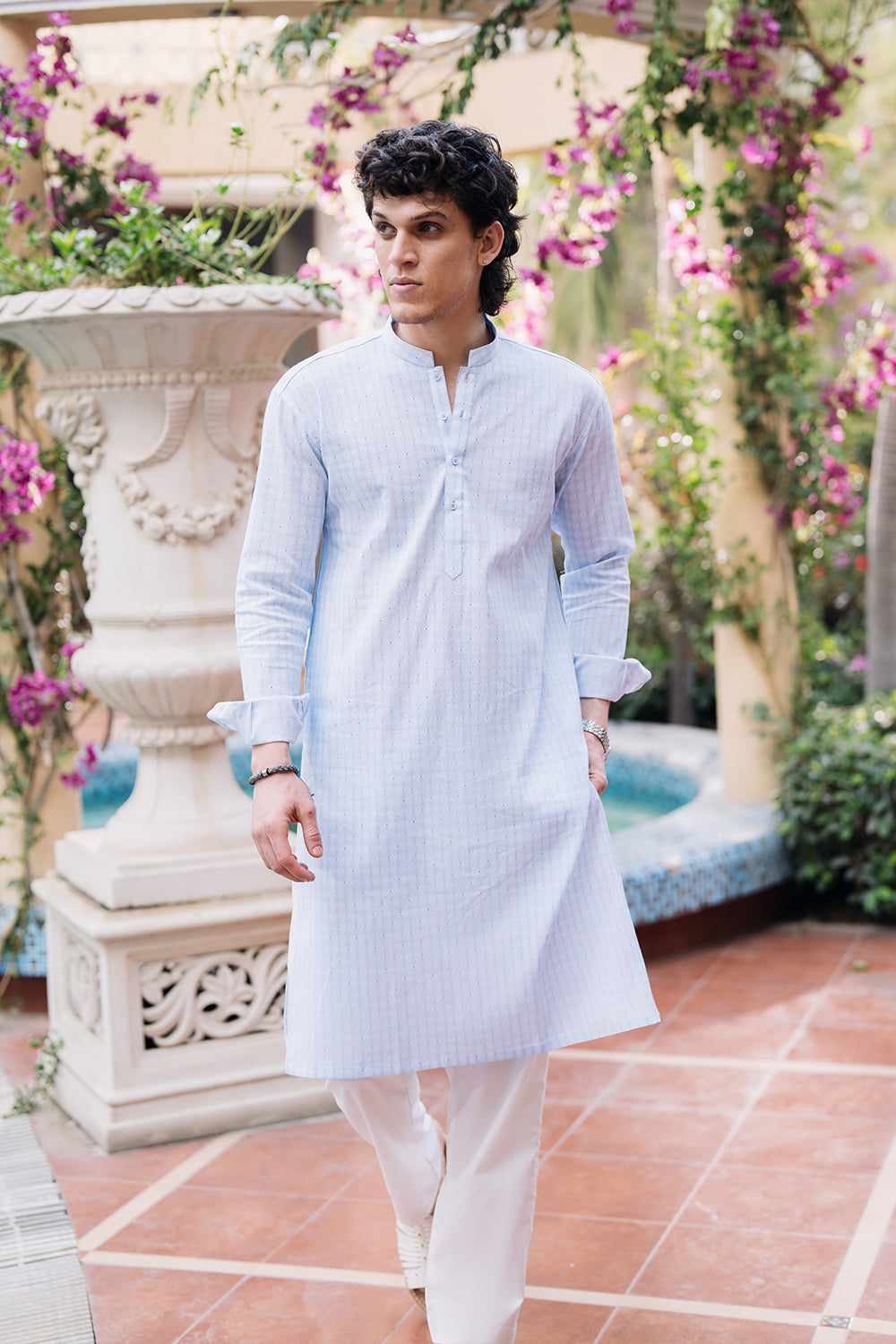 Cool Blue Printed Kurta with White Pajama