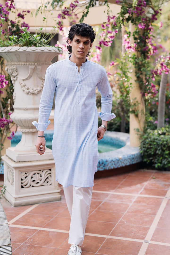 Cool Blue Printed Kurta with White Pajama