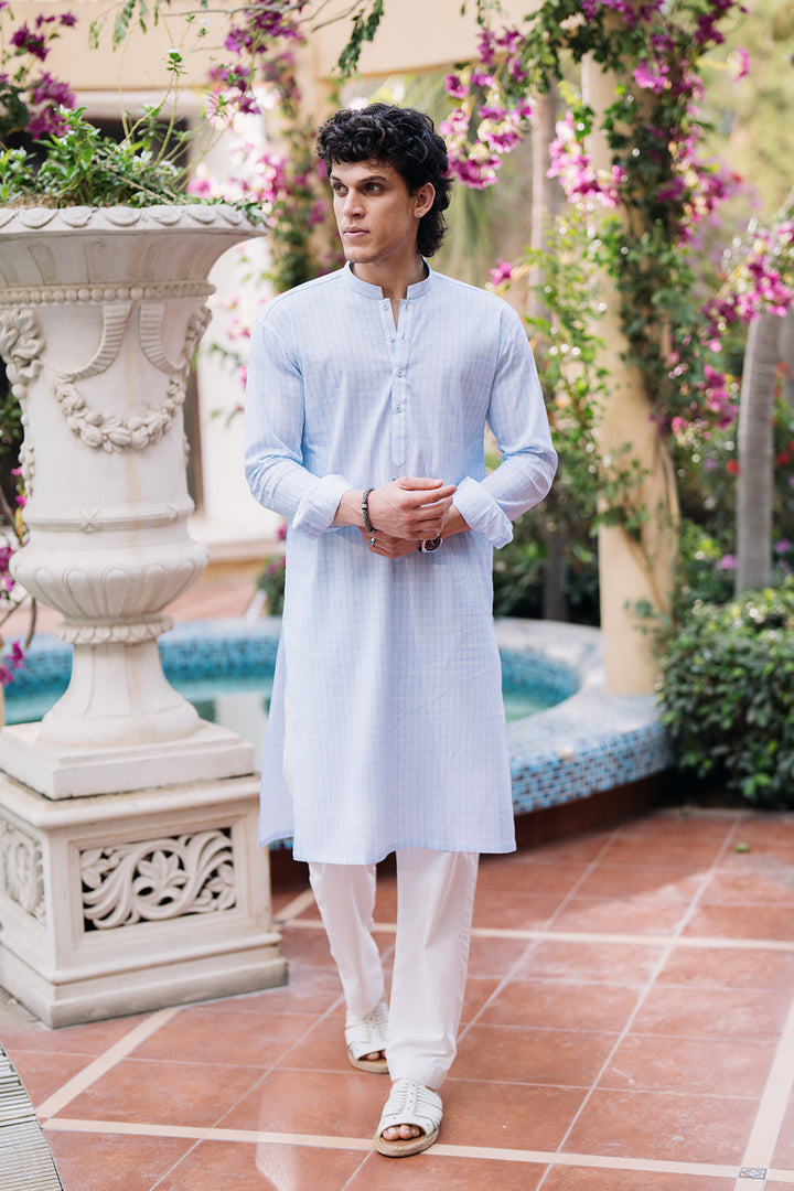 Cool Blue Printed Kurta with White Pajama