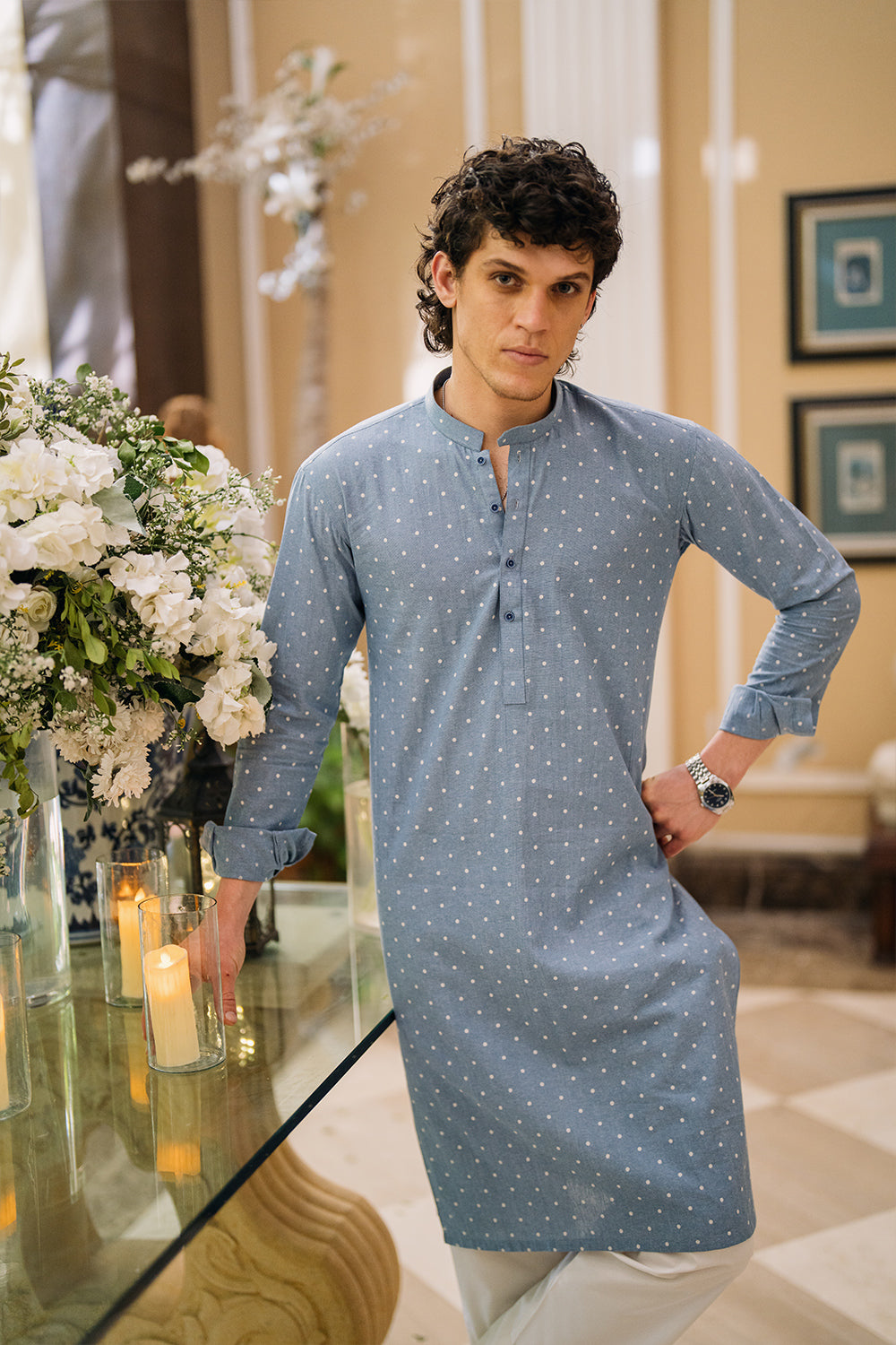 Denim Blue Printed Kurta with White Trouser