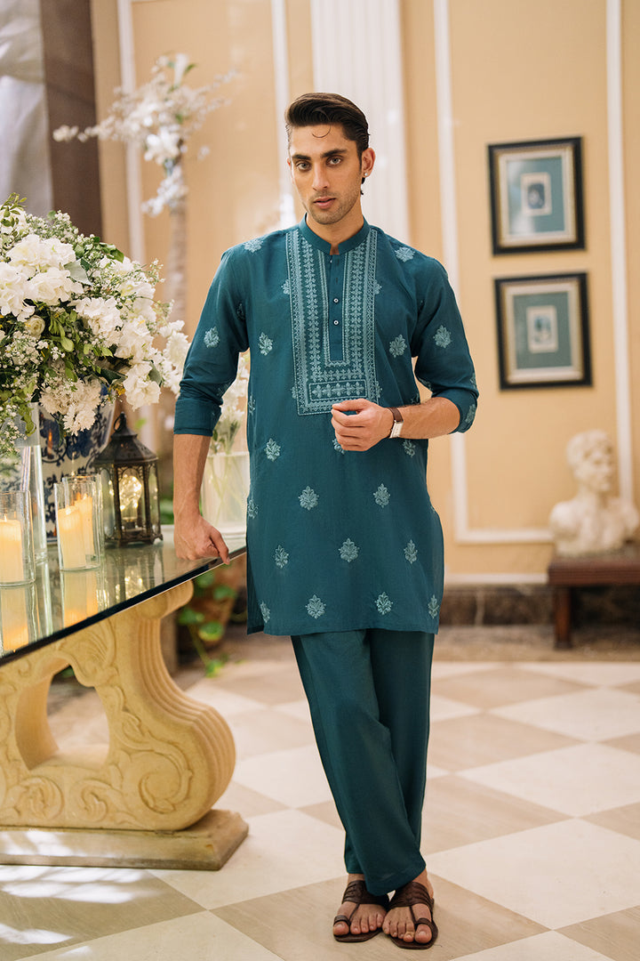 Teal Green Embroidered Kurta Pajama
