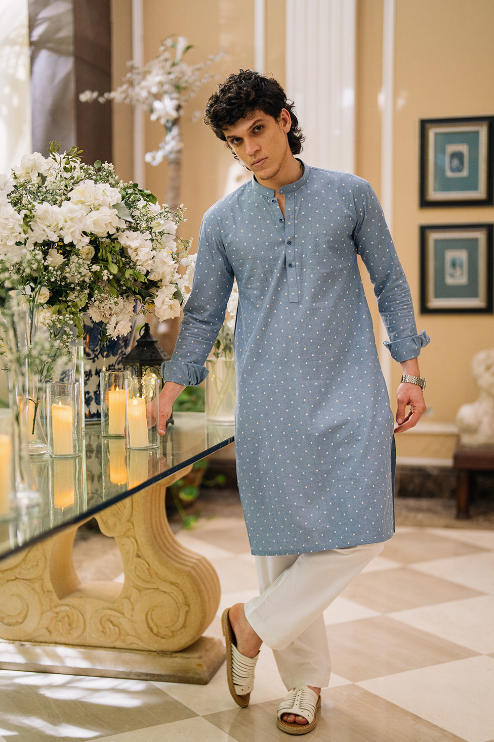 Denim Blue Printed Kurta with White Trouser