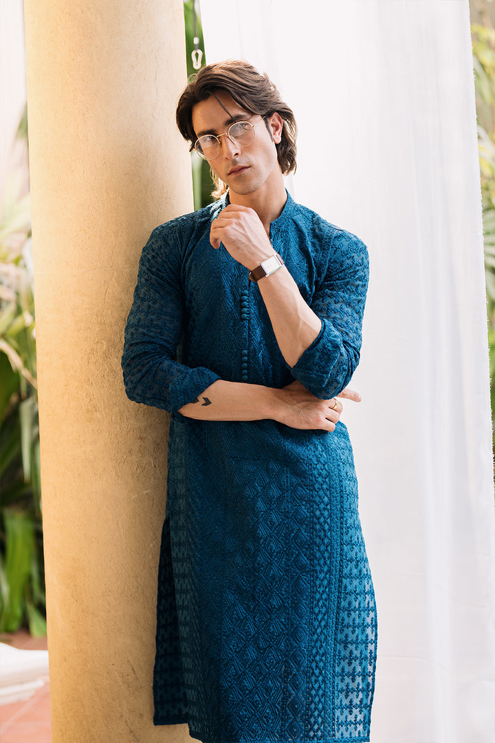 Teal Blue Embroidered Kurta with Boot Cut Trouser