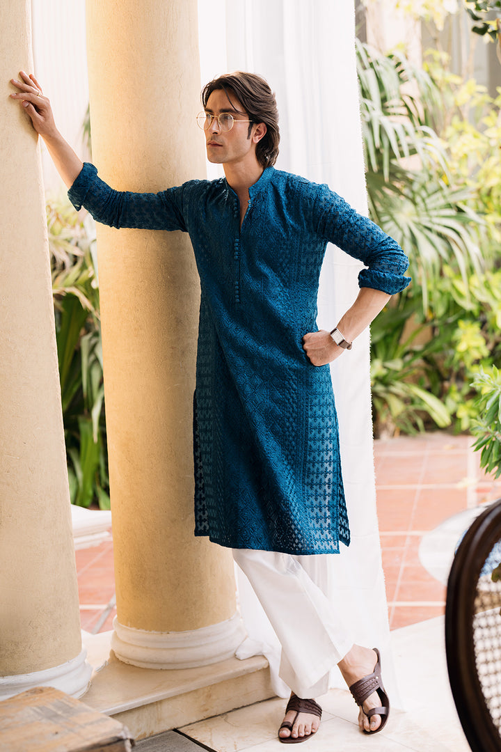 Teal Blue Embroidered Kurta with Boot Cut Trouser