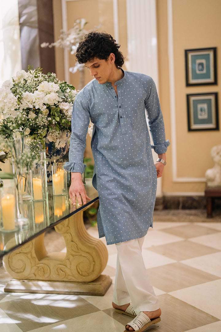 Denim Blue Printed Kurta with White Trouser