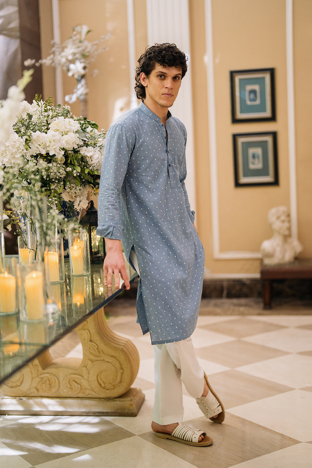 Denim Blue Printed Kurta with White Trouser