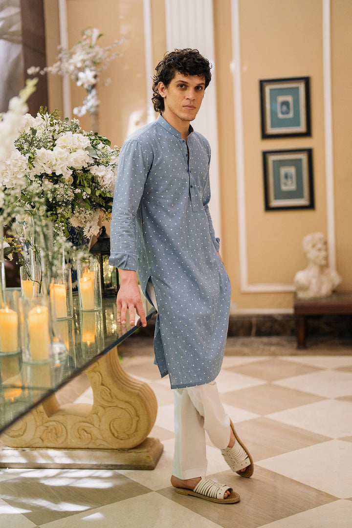 Denim Blue Printed Kurta with White Trouser