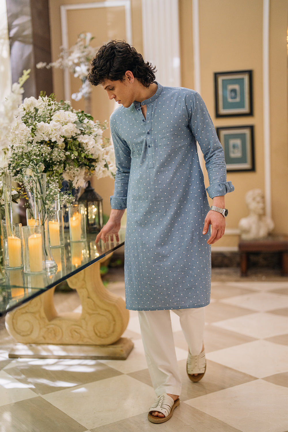 Denim Blue Printed Kurta with White Trouser