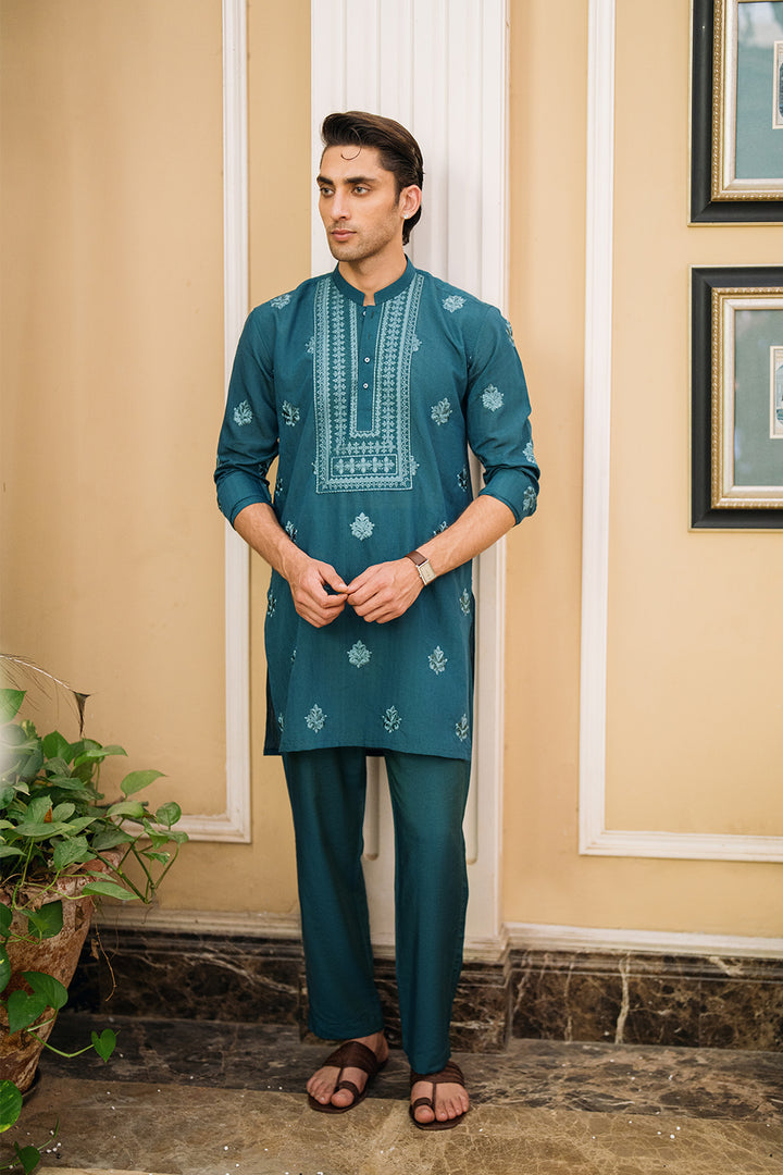 Teal Green Embroidered Kurta Pajama